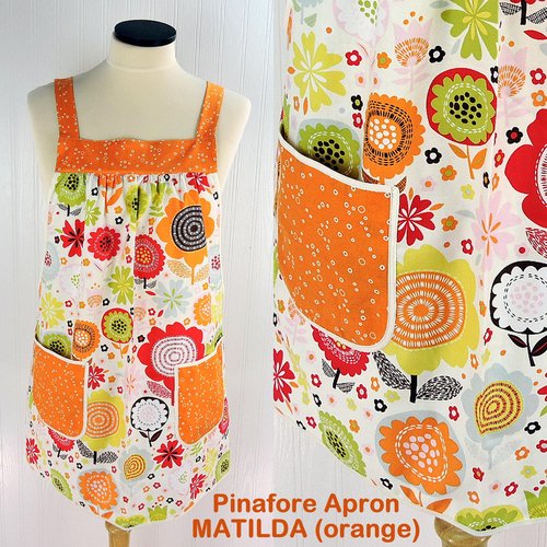 Matilda Floral (orange) Pinafore with no ties (straps go straight over the shoulders) relaxed fit smock with pockets fits L/XL/2X ships fast