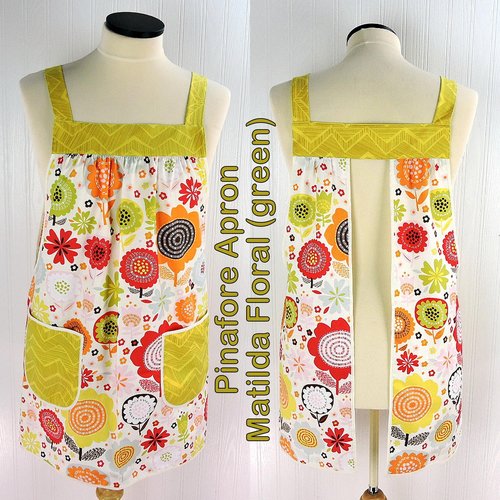 Matilda Floral (green) Pinafore with no ties (straps go straight over the shoulders) relaxed fit smock with pockets fits L/XL/2X, ships fast