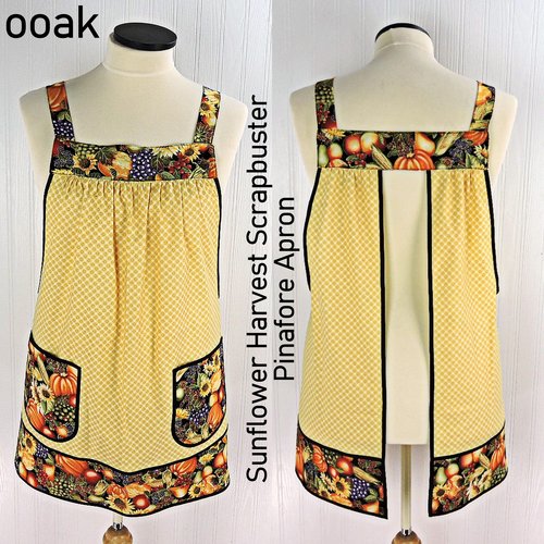 Sunflower Harvest Scrapbuster Pinafore with no ties (straps go straight over the shoulders) relaxed fit smock with pockets L/XL/2X ships now