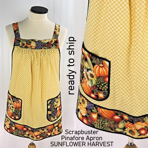 Sunflower Harvest Scrapbuster Pinafore with no ties (straps go straight over the shoulders) relaxed fit smock with pockets L/XL/2X ships now