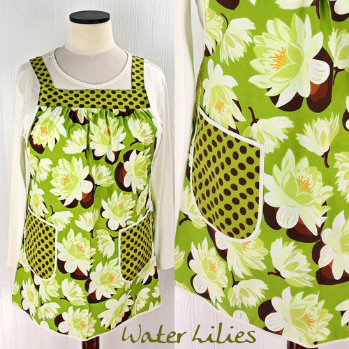 Water Lilies Pinafore with no ties (straps go straight over the shoulders) relaxed fit smock with pockets L/XL/2X ships now