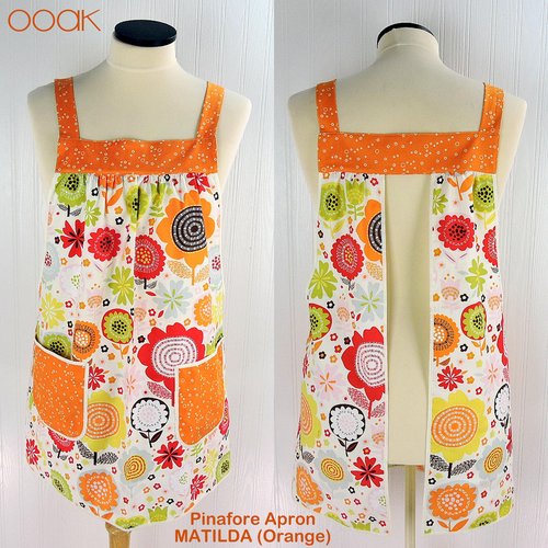 Matilda Floral (orange) Pinafore with no ties (straps go straight over the shoulders) relaxed fit smock with pockets fits L/XL/2X ships fast