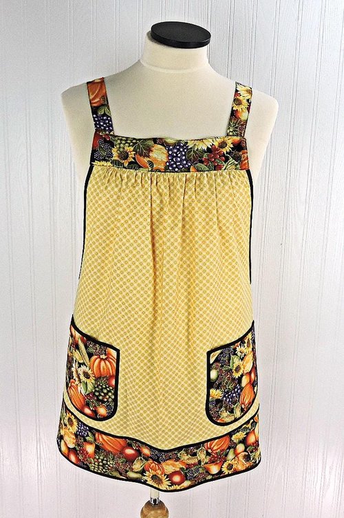 Sunflower Harvest Scrapbuster Pinafore with no ties (straps go straight over the shoulders) relaxed fit smock with pockets L/XL/2X ships now
