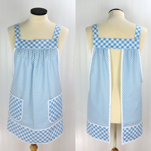 Light Blue Check Pinafore with no ties, Relaxed Fit Farmhouse Smock with pockets, straps go straight over the shoulders made-to-order XS- 5X