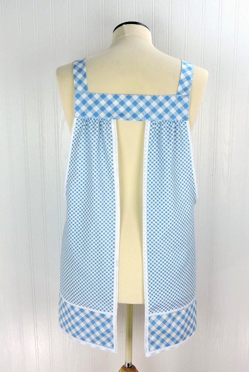 Light Blue Check Pinafore with no ties, Relaxed Fit Farmhouse Smock with pockets, straps go straight over the shoulders made-to-order XS- 5X