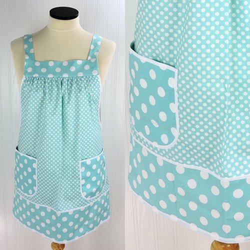 OOAK Aqua Dot Pinafore with no ties, relaxed fit smock with pockets, straps go straight over the shoulders, ready to ship, fits L/XL/2X