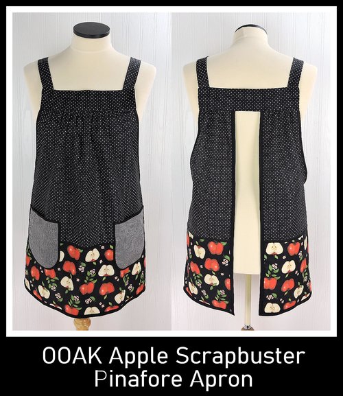 OOAK Apple Scrapbuster Pinafore with no ties (straps go straight over the shoulders) relaxed fit smock with pockets L/XL/2X ships now
