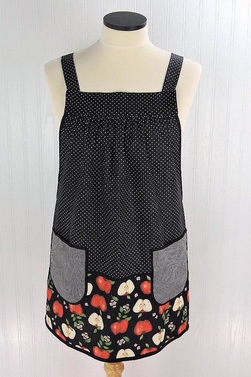 OOAK Apple Scrapbuster Pinafore with no ties (straps go straight over the shoulders) relaxed fit smock with pockets L/XL/2X ships now