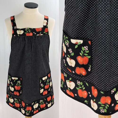 OOAK Apples and Pindots Pinafore with no ties (straps go straight over the shoulders), relaxed fit smock with pockets L/XL/2X, ships now