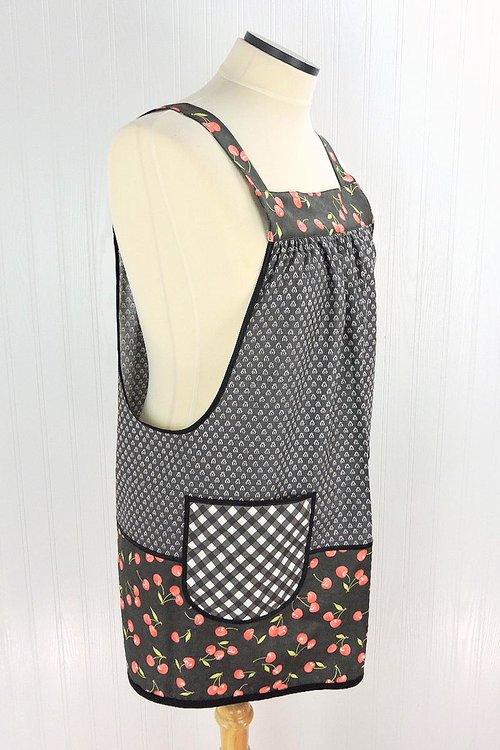 OOAK Midnight Cherries Pinafore with no ties (straps go straight over the shoulders) relaxed fit smock with pockets, L/XL/2X ships now