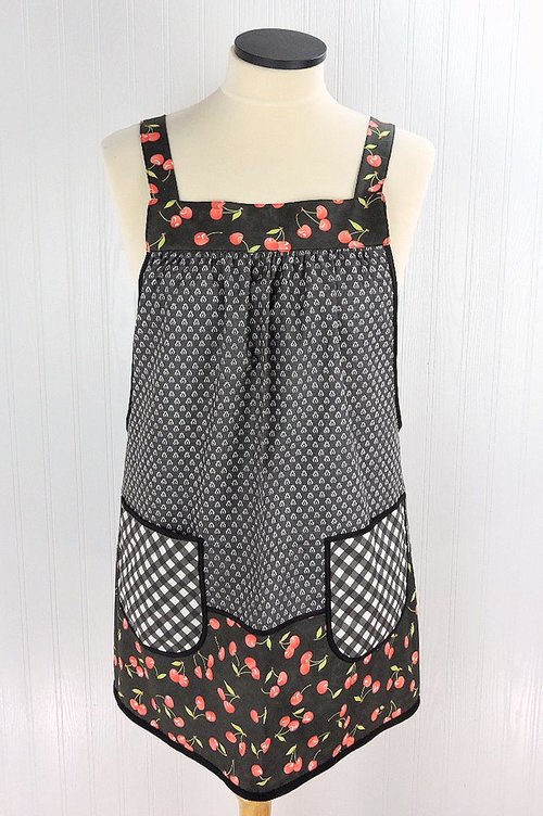 OOAK Midnight Cherries Pinafore with no ties (straps go straight over the shoulders) relaxed fit smock with pockets, L/XL/2X ships now