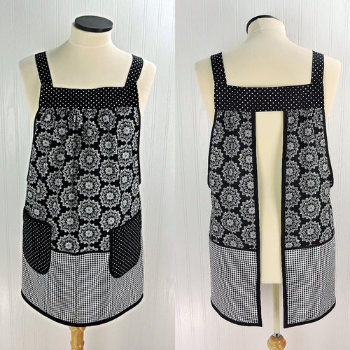 B/W Medallion Check Scrapbuster Pinafore with no ties (straps go straight over the shoulder) relaxed fit smock with pocket L/XL/2X ships now