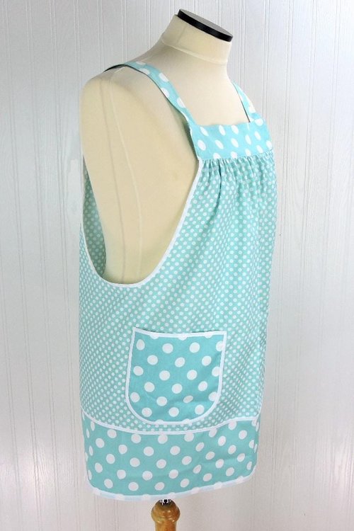 OOAK Aqua Dot Pinafore with no ties, relaxed fit smock with pockets, straps go straight over the shoulders, ready to ship, fits L/XL/2X