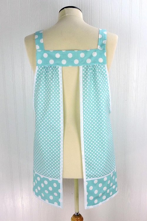 OOAK Aqua Dot Pinafore with no ties, relaxed fit smock with pockets, straps go straight over the shoulders, ready to ship, fits L/XL/2X
