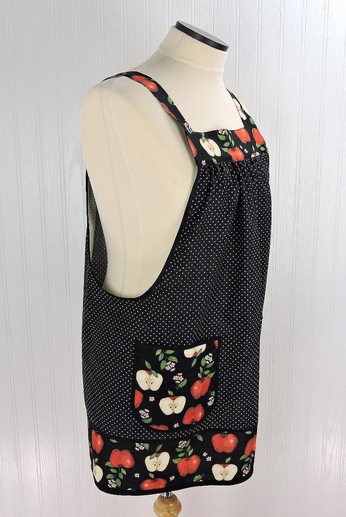 OOAK Apples and Pindots Pinafore with no ties (straps go straight over the shoulders), relaxed fit smock with pockets L/XL/2X, ships now