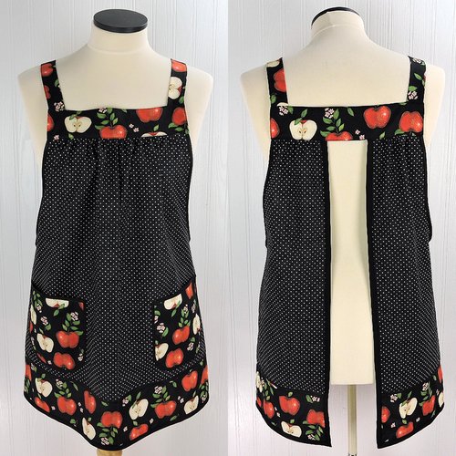 OOAK Apples and Pindots Pinafore with no ties (straps go straight over the shoulders), relaxed fit smock with pockets L/XL/2X, ships now