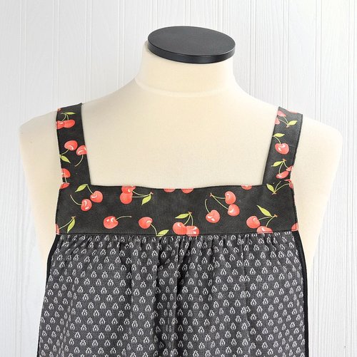 OOAK Midnight Cherries Pinafore with no ties (straps go straight over the shoulders) relaxed fit smock with pockets, L/XL/2X ships now