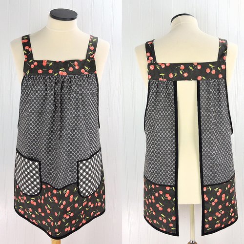 OOAK Midnight Cherries Pinafore with no ties (straps go straight over the shoulders) relaxed fit smock with pockets, L/XL/2X ships now
