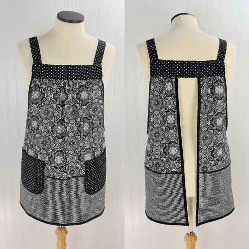 B/W Fancy Medallion Scrapbuster Pinafore with no ties (straps go straight over the shoulder) relaxed fit smock with pocket L/XL/2X ships now