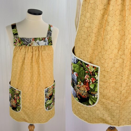 Roosters & Chicken Wire Pinafore Apron with no ties, relaxed fit smock apron with JUMBO pockets, OOAK fits L/XL/2X, ready to ship