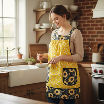 Charming Bees & Sunflowers Pinafore with no ties, relaxed fit smock with pockets, sunny yellow kitchen apron  XS - 5X