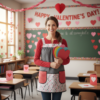 Cream Flirt Hearts Scrapbuster Pinafore with no ties, relaxed fit smock with pockets for Valentine's Day, standard size L/XL/2X, SHIPS FAST