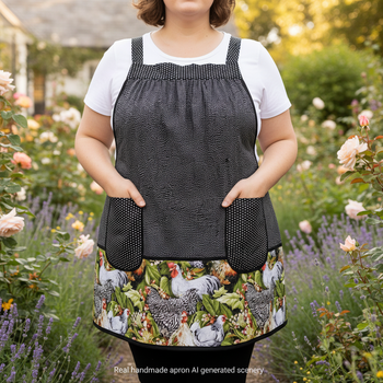 Larger Rooster SCRAPBUSTER Pinafore Apron with no ties, relaxed fit smock with pockets, farmhouse kitchen apron, ready to ship fits 3X/4X/5X