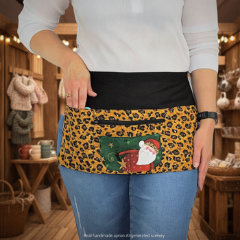 Leopard Print Santa Multi-Pocket Teacher Apron, Christmas Vendor Apron with money pocket, ready to ship fits waists up to 40"