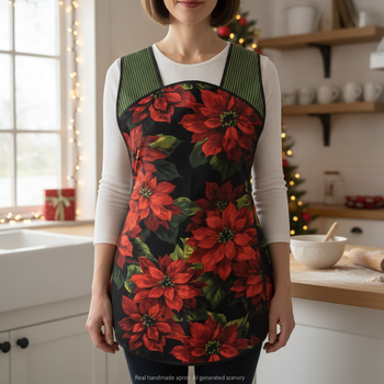 XS-4X Retro 50s Christmas Smock, Large Poinsettias on Black relaxed fit H-back apron with (optional) pockets