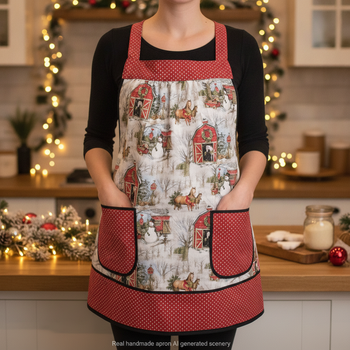 Snowy Christmas Barnyard Pinafore with no ties, relaxed fit smock with pockets, red barn, horses, snowman scene, made-to-order XS to 5X
