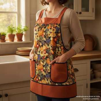 Sunflower Harvest Pinafore with no ties, relaxed fit smock with pockets, fall vegetables & fruit, fits L/XL/2X, ready to ship