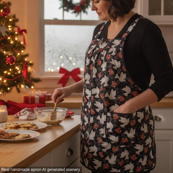 Winter Bliss Peace Doves Pinafore with no ties, relaxed fit smock with pockets fits L/XL/2X, Christmas apron ready to ship