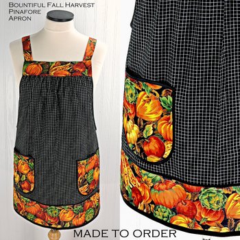 Bountiful Fall Harvest Pinafore with no ties, relaxed fit smock with pockets, fall pumpkins apron fits XS to 5X, made to order 