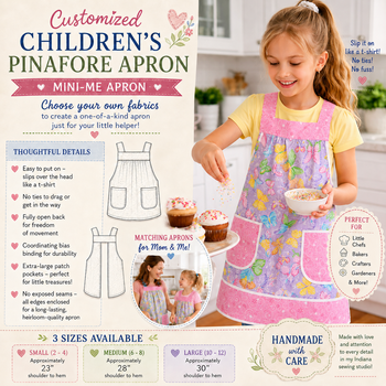 Customized Children's Pinafore Apron with no ties, relaxed fit smock with pockets, 3 sizes, mini-me apron