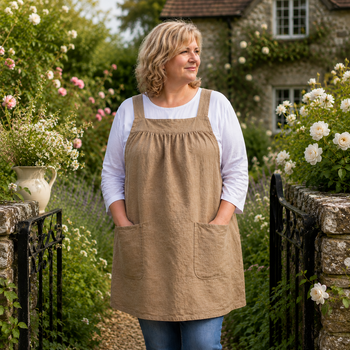 Natural (TAN) Washed Linen Pinafore Apron with no ties, 100% flax linen relaxed fit smock with pockets, handmade after order XS - 5X