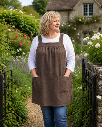 Brown Washed Linen Pinafore with no ties, 100% flax linen relaxed fit smock with pockets, made to order XS - 5X