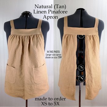 Natural (TAN) Washed Linen Pinafore Apron with no ties, 100% flax linen relaxed fit smock with pockets, handmade after order XS - 5X