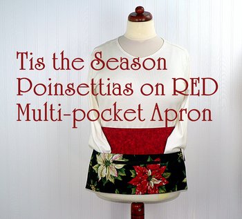Red Tis the Season Poinsettia Multi-Pocket Teacher Apron, Xmas Vendor Apron with money pocket, Ready to Ship fits waist up to 40"