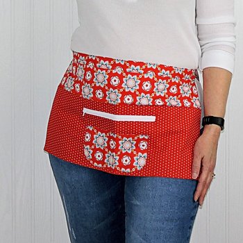 Red and Aqua Teacher Half Apron with money pocket, multi-pocket apron with zipper, Ready to Ship, fits waists up to 40 inches