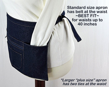 Indigo Denim Half Apron, sturdy 6 Pocket Waitress Apron with zipper pocket, ONE apron fits waists up to 40" ready to ship