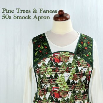 Retro 50s Christmas Smock, Pine Trees and Fences with old Red Trucks relaxed fit H-back apron, fits L/XL ready to ship
