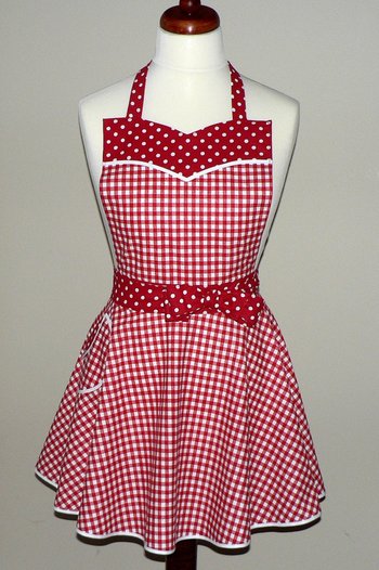 Red Gingham Twirly Skirt Apron with circle skirt + sweetheart neckline, flirty kitchen apron with pocket, retro diner style, one size