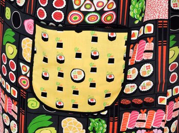 I Love Sushi Pinafore Apron with no ties, Japanese bento box on gray, relaxed fit smock with pockets fits L/XL/2X, Ready to Ship
