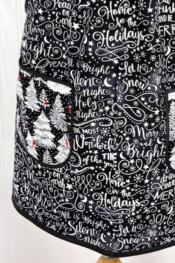 Silent Night Holiday Script Pinafore with no ties, Relaxed Fit Smock with pockets, Standard Size fits L/XL/2X, Christmas apron ships fast