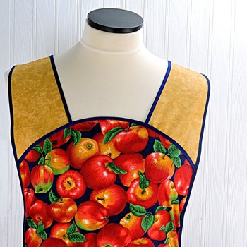 Apple Harvest 50s Smock Apron with kangaroo pocket, relaxed fit with no neck ties (H-back apron) fits sizes large or X-large, ships fast