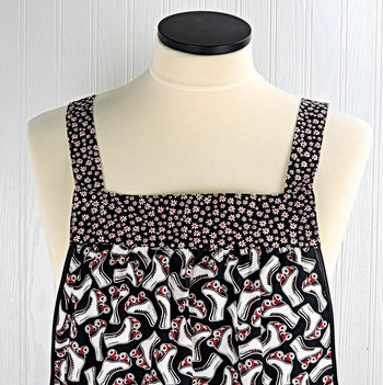 Retro Roller Skates Pinafore Apron with no ties, relaxed fit smock with pockets, fun hostess apron fits L/XL/2X, ready to ship now