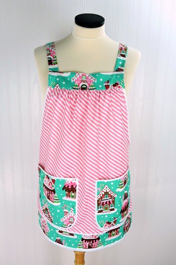 Jumbo Pocket Gingerbread Pinafore with no ties, relaxed fit smock with pockets, Christmas Hostess Apron fits L/XL/2X, ships fast