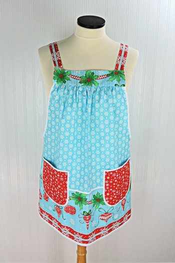 Christmas Wishes Pinafore with no ties, relaxed fit smock with pockets, retro aqua and red holiday apron fits L/XL/2X, ships fast