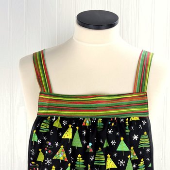 Christmas Trees on Black Pinafore with no ties, relaxed fit smock with pockets fits L/XL/2X, one of a kind holiday apron ships fast