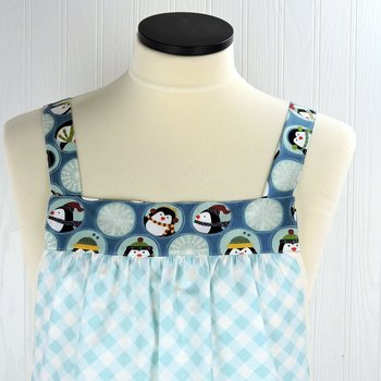 Penguin Friends Pinafore with no ties, relaxed fit smock with pockets, cute Christmas Apron, standard size fits L/XL/2X, ships fast